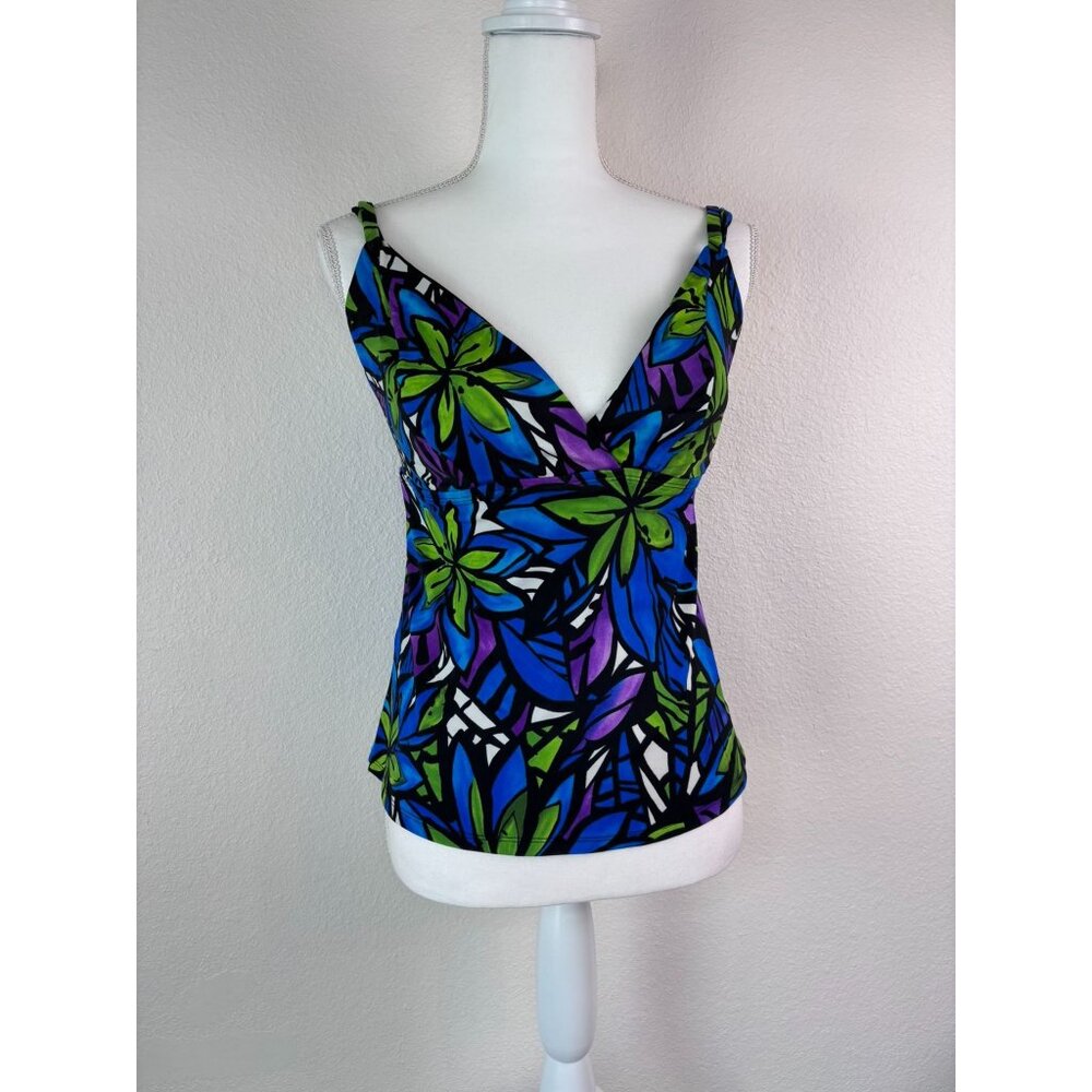 Longitude women's medium green blue floral tankini swim top sewn in bra cups